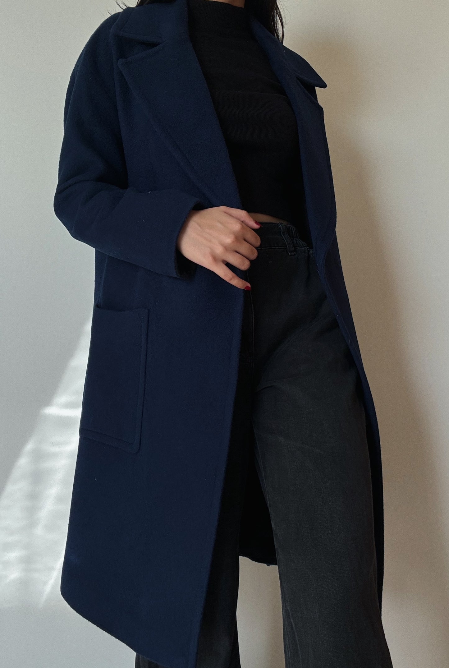 Navy Blue Long Coat (80% Wool)