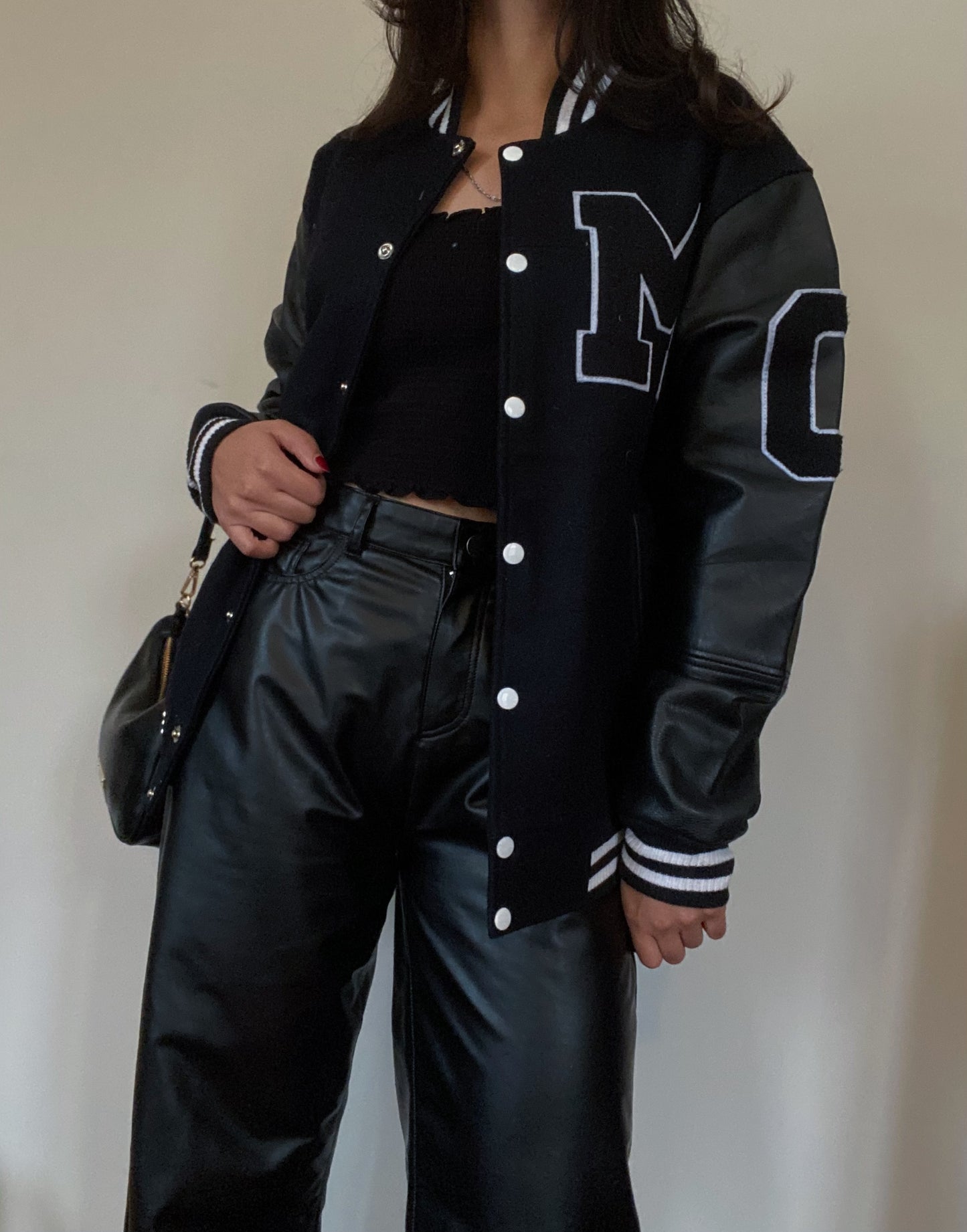 Wool & Leather Letterman Jacket (All Black)