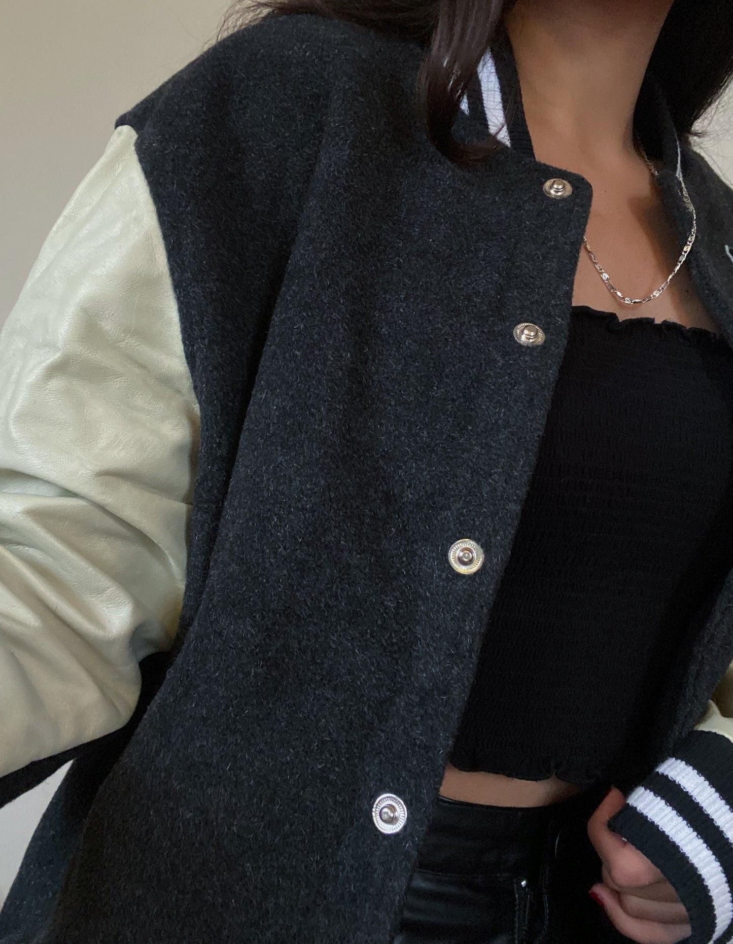 Wool & Leather Letterman Jacket (Grey & Cream)