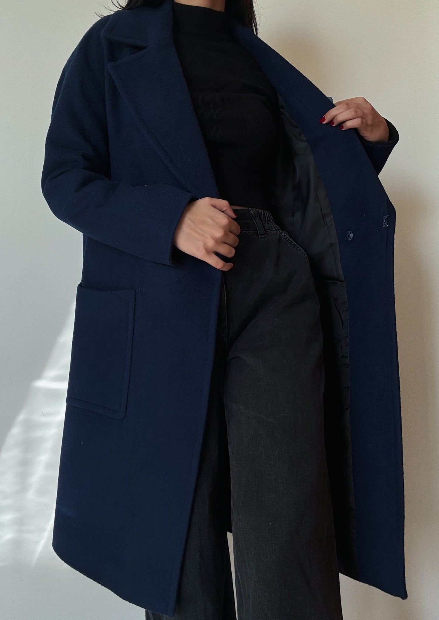 Navy Blue Long Coat (80% Wool)