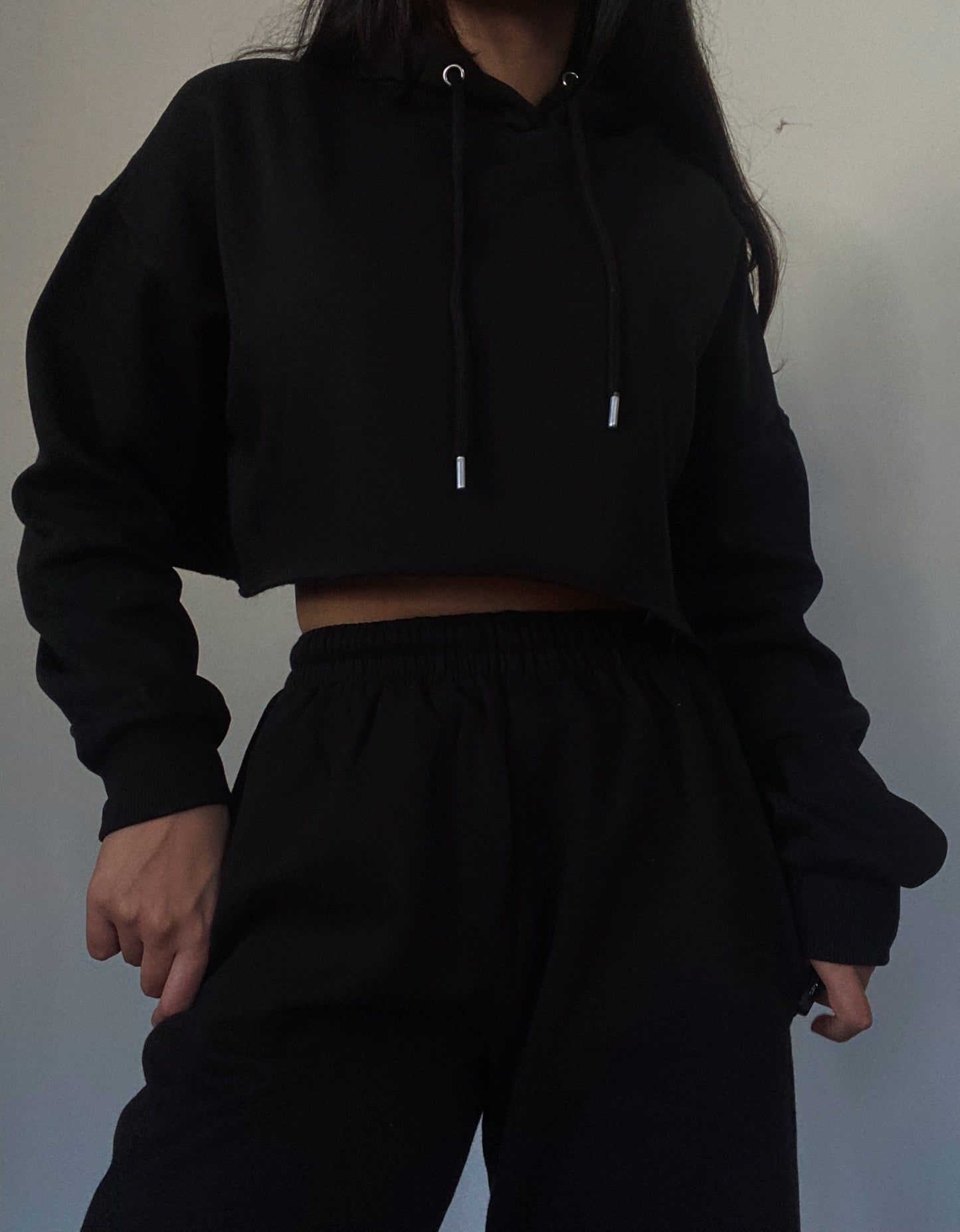 Cropped Hoodie & Sweatpants - Black