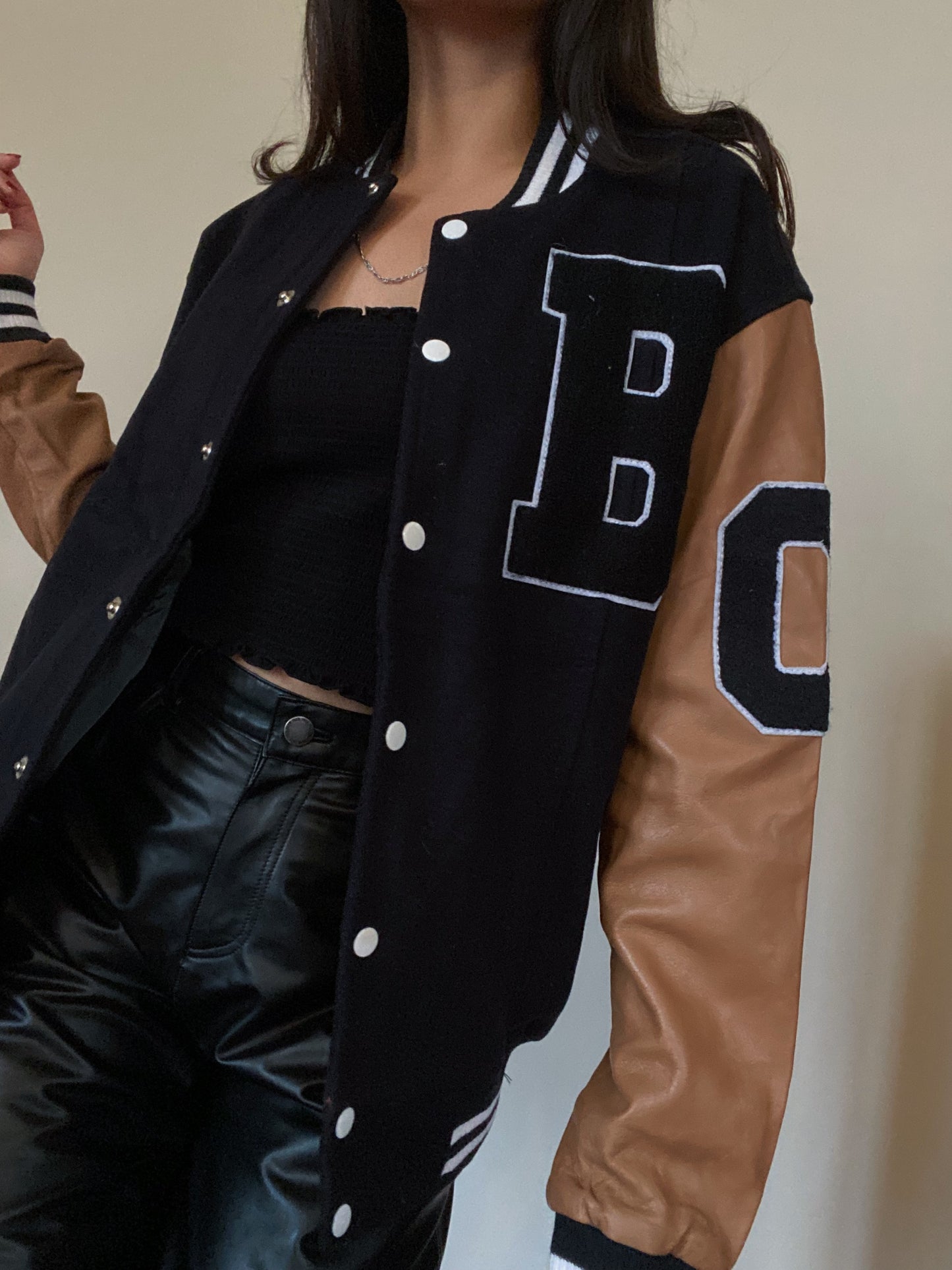 Wool & Leather Letterman Jacket (Black & Camel)