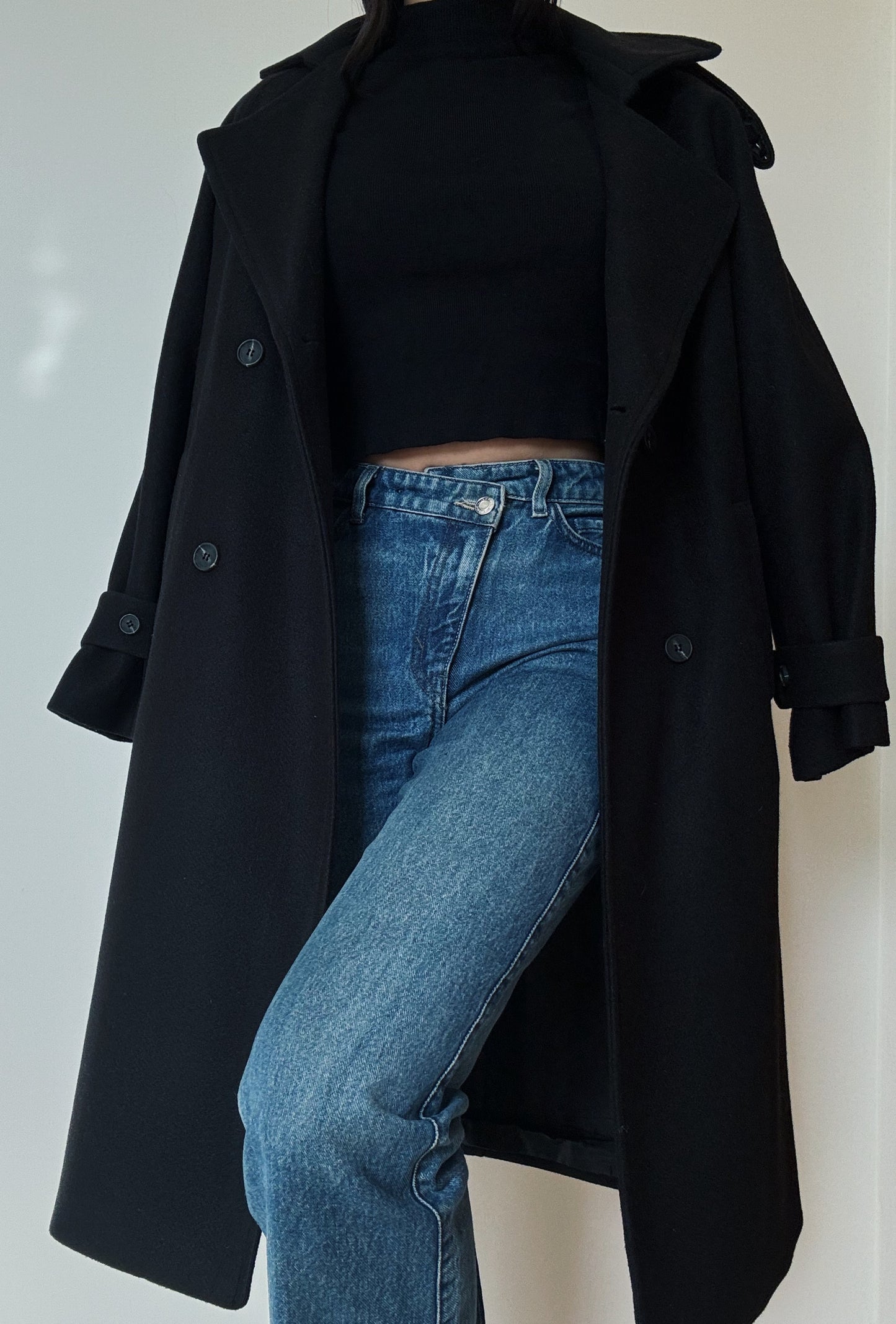 Black Double Breasted Long Coat (Wool-Blend)