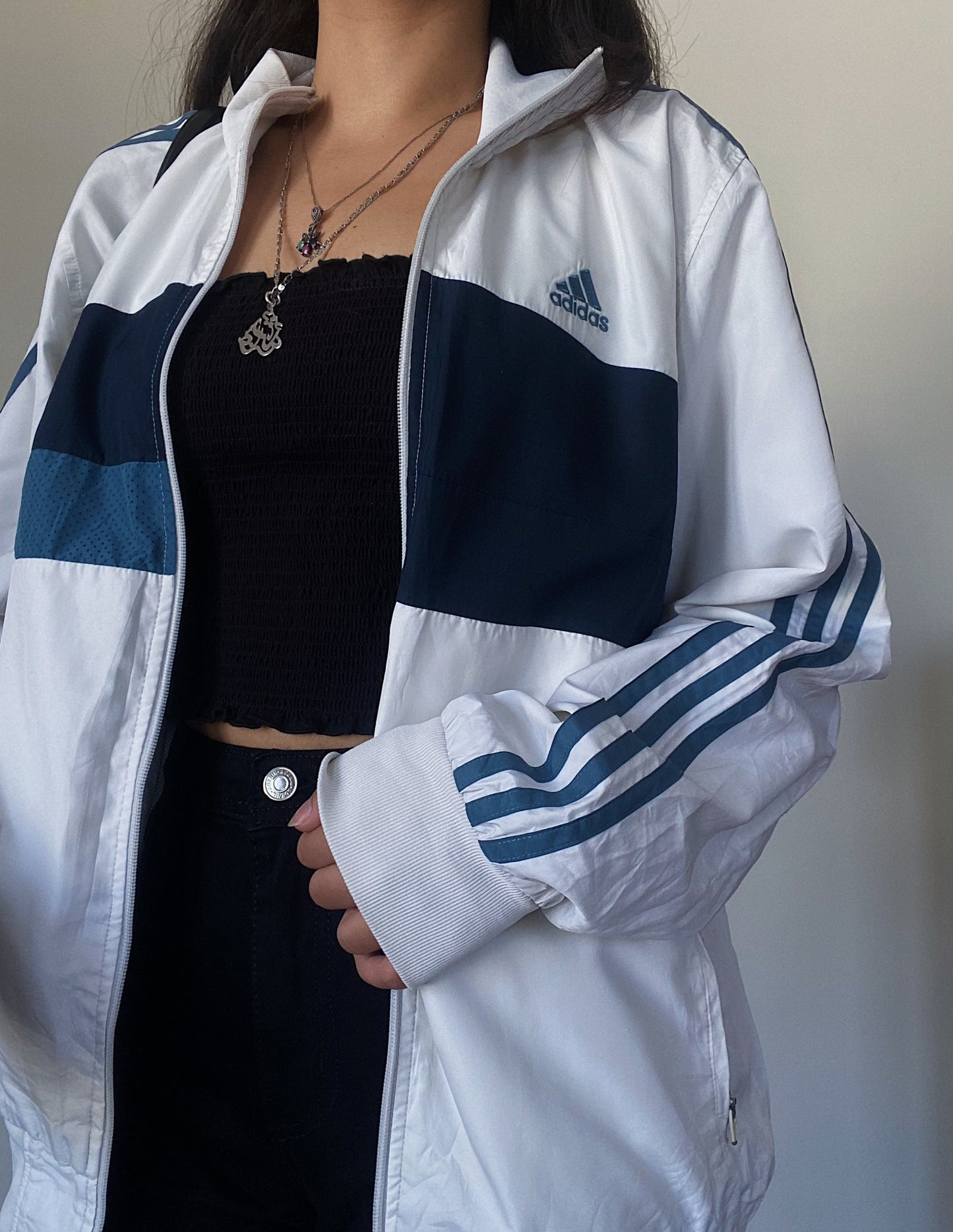 Adidas White and Blue Windbreaker