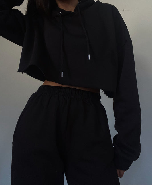 Cropped Hoodie & Sweatpants - Black