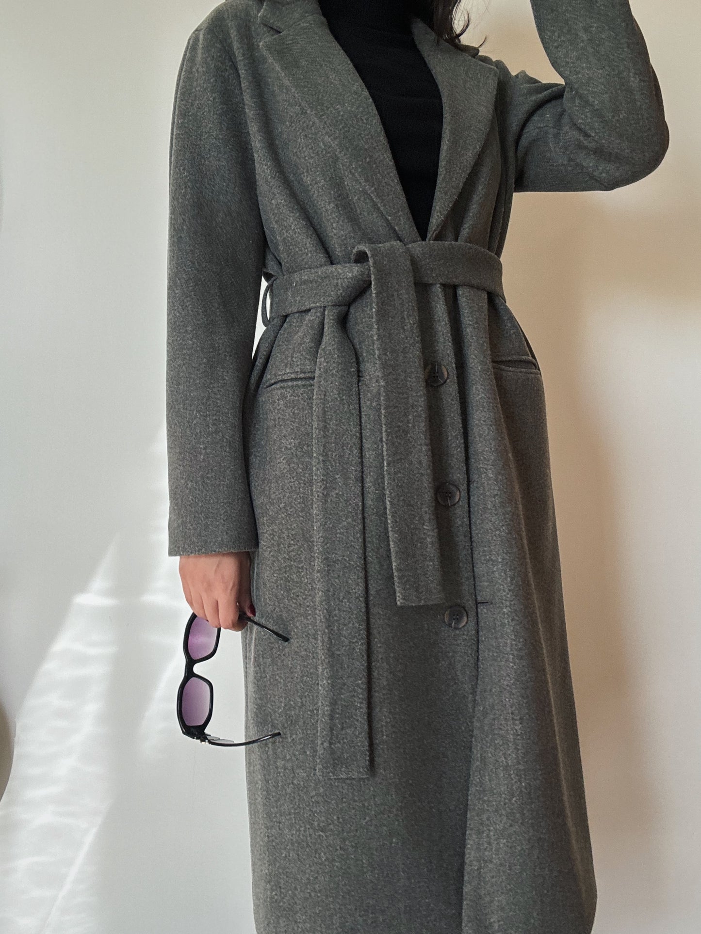 Long Grey Belted Coat (wool-blend)