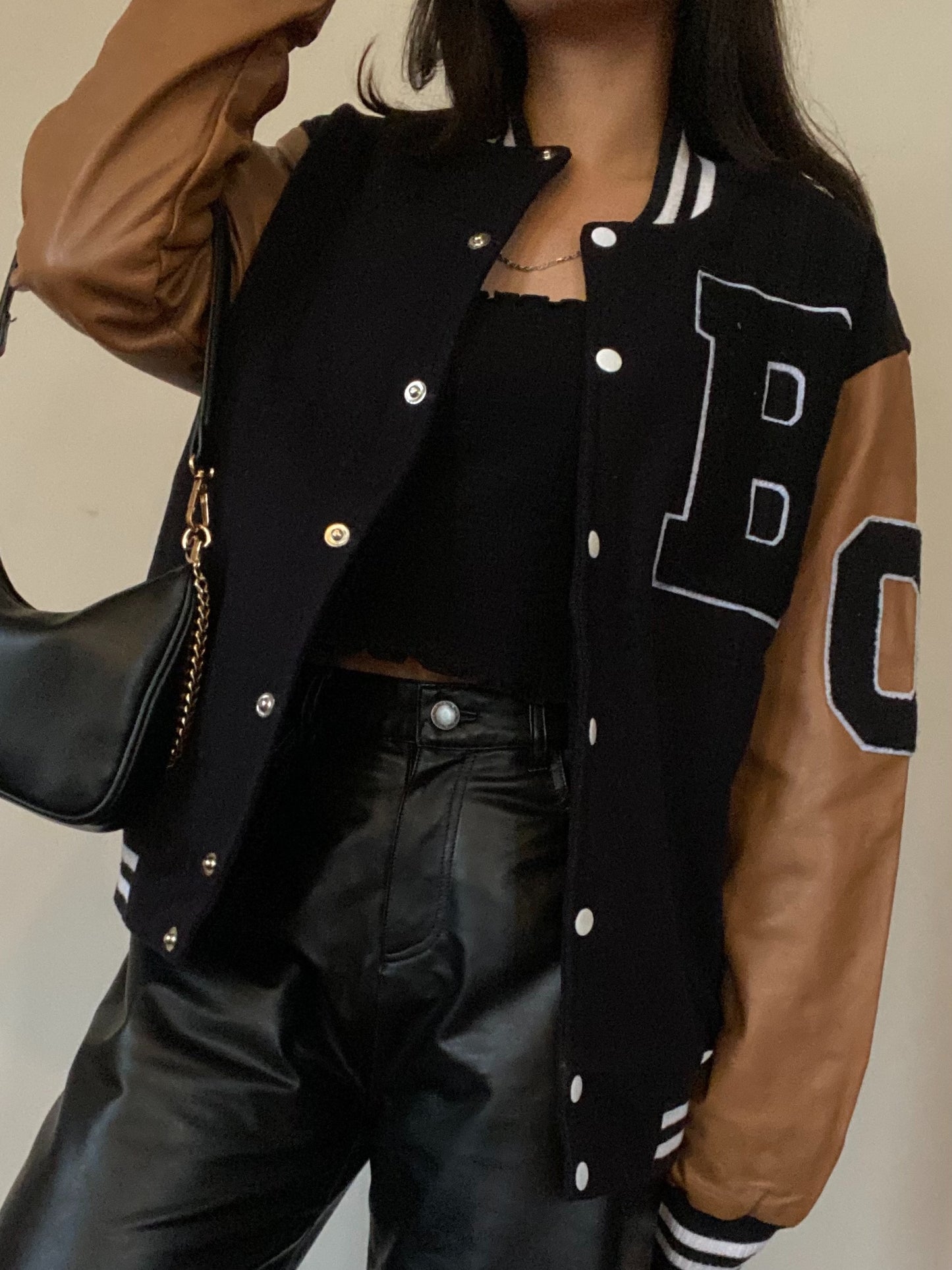 Wool & Leather Letterman Jacket (Black & Camel)