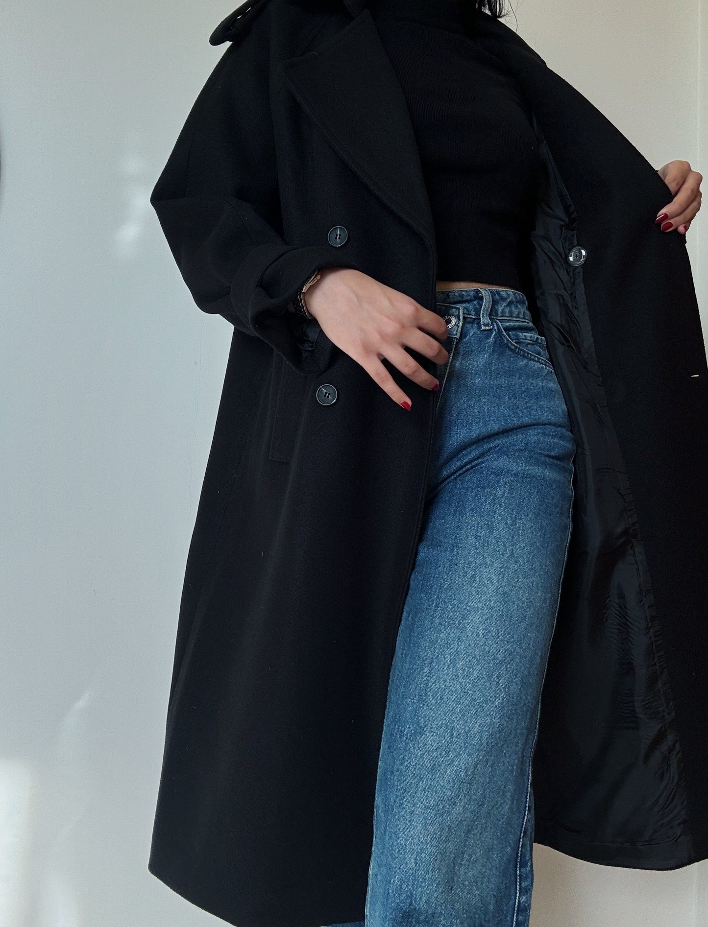 Black Double Breasted Long Coat (Wool-Blend)