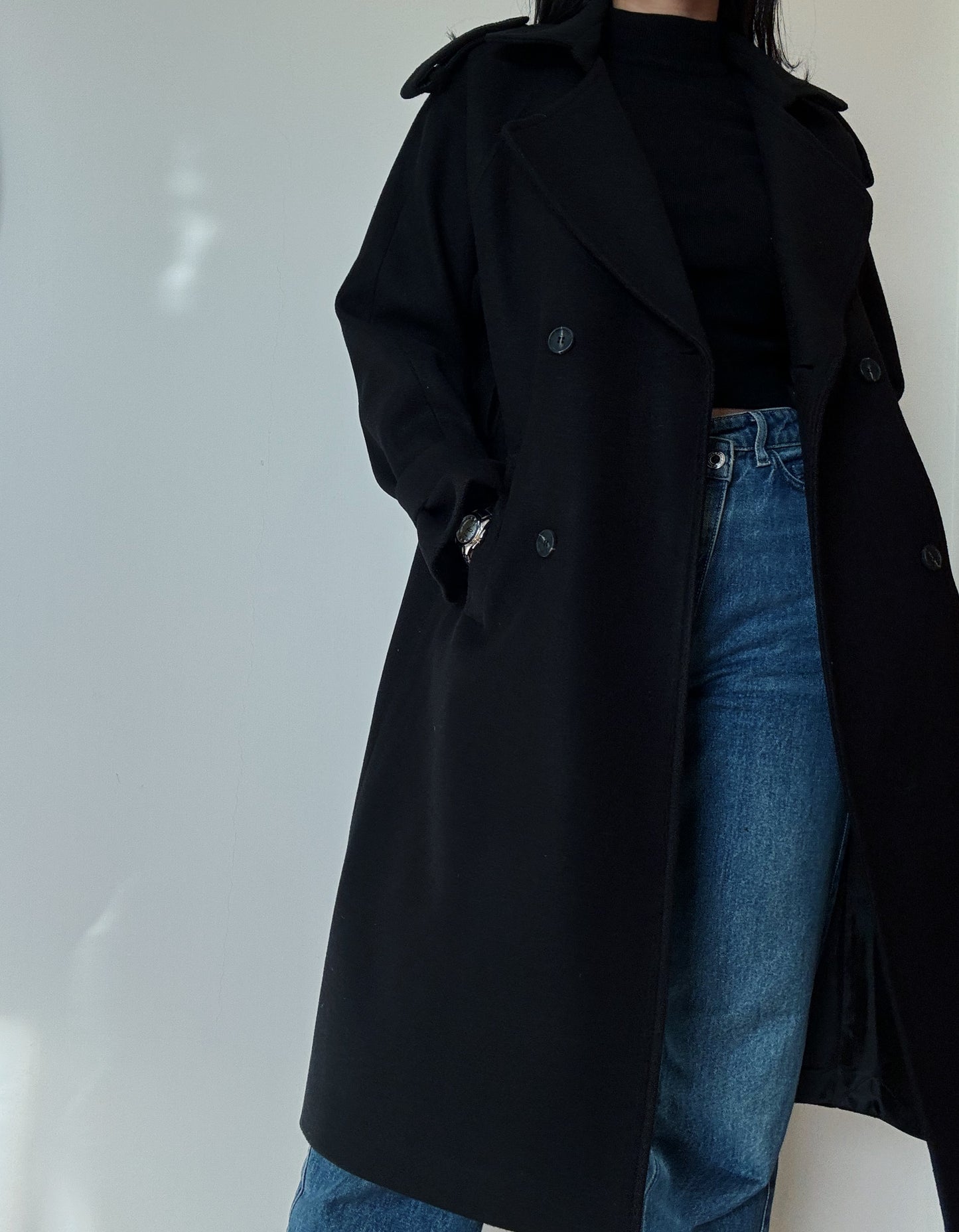 Black Double Breasted Long Coat (Wool-Blend)