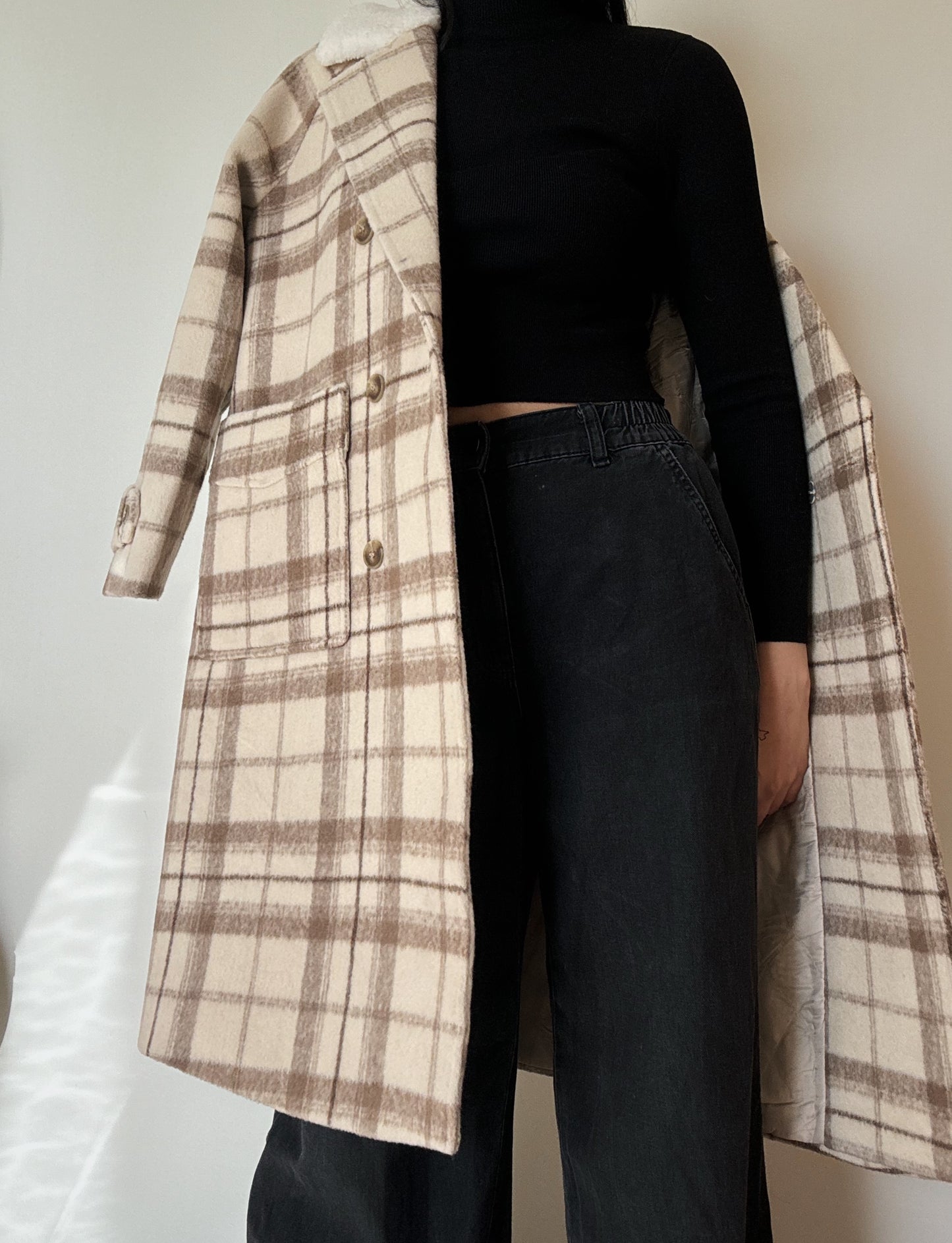 Beige Plaid Coat (wool-blend)