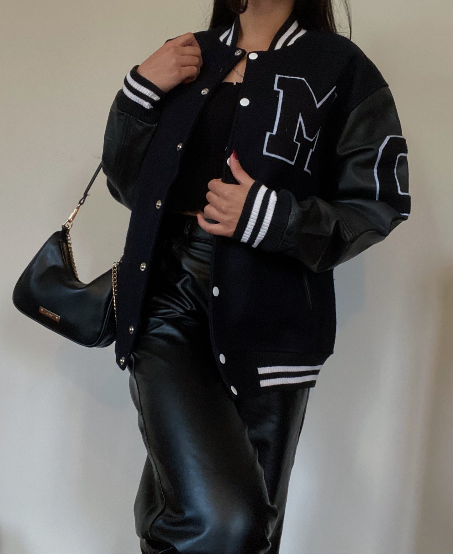 Wool & Leather Letterman Jacket (All Black)