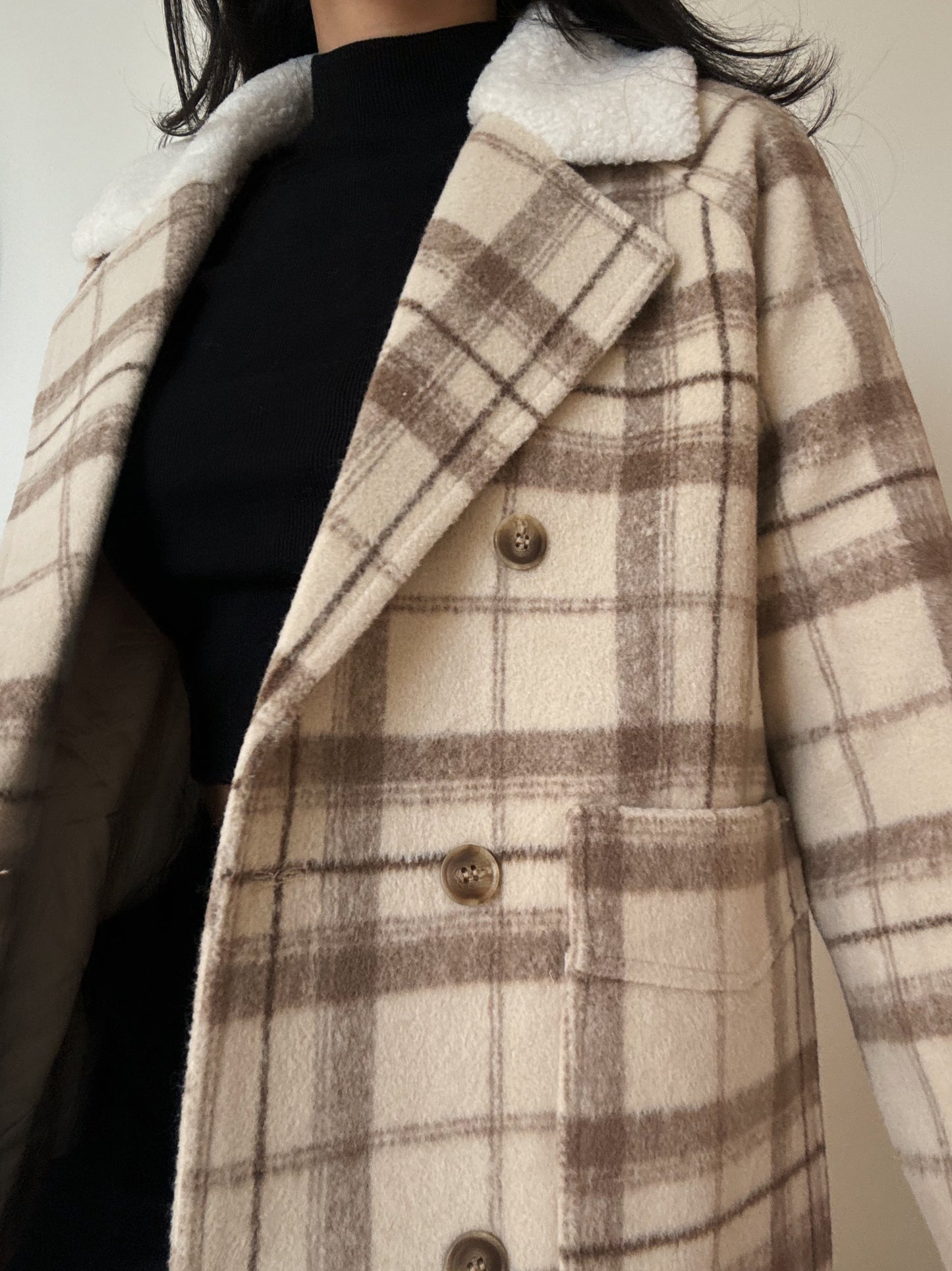 Beige Plaid Coat (wool-blend)