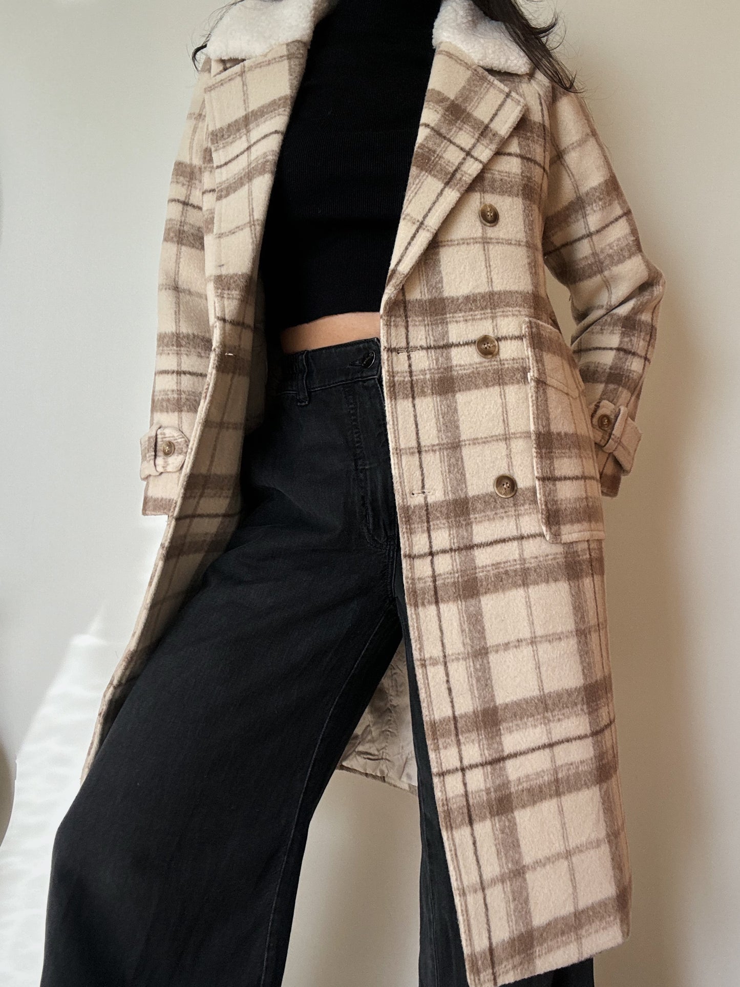 Beige Plaid Coat (wool-blend)