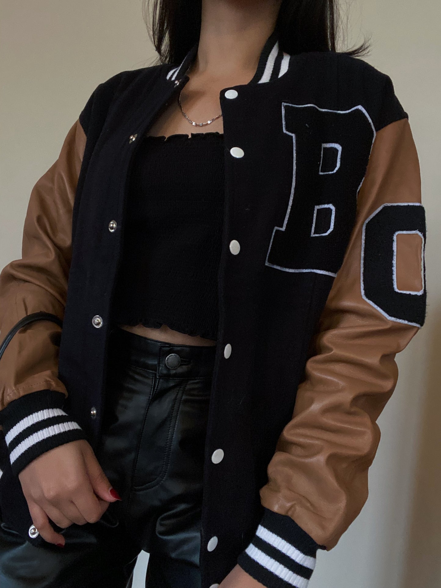 Wool & Leather Letterman Jacket (Black & Camel)