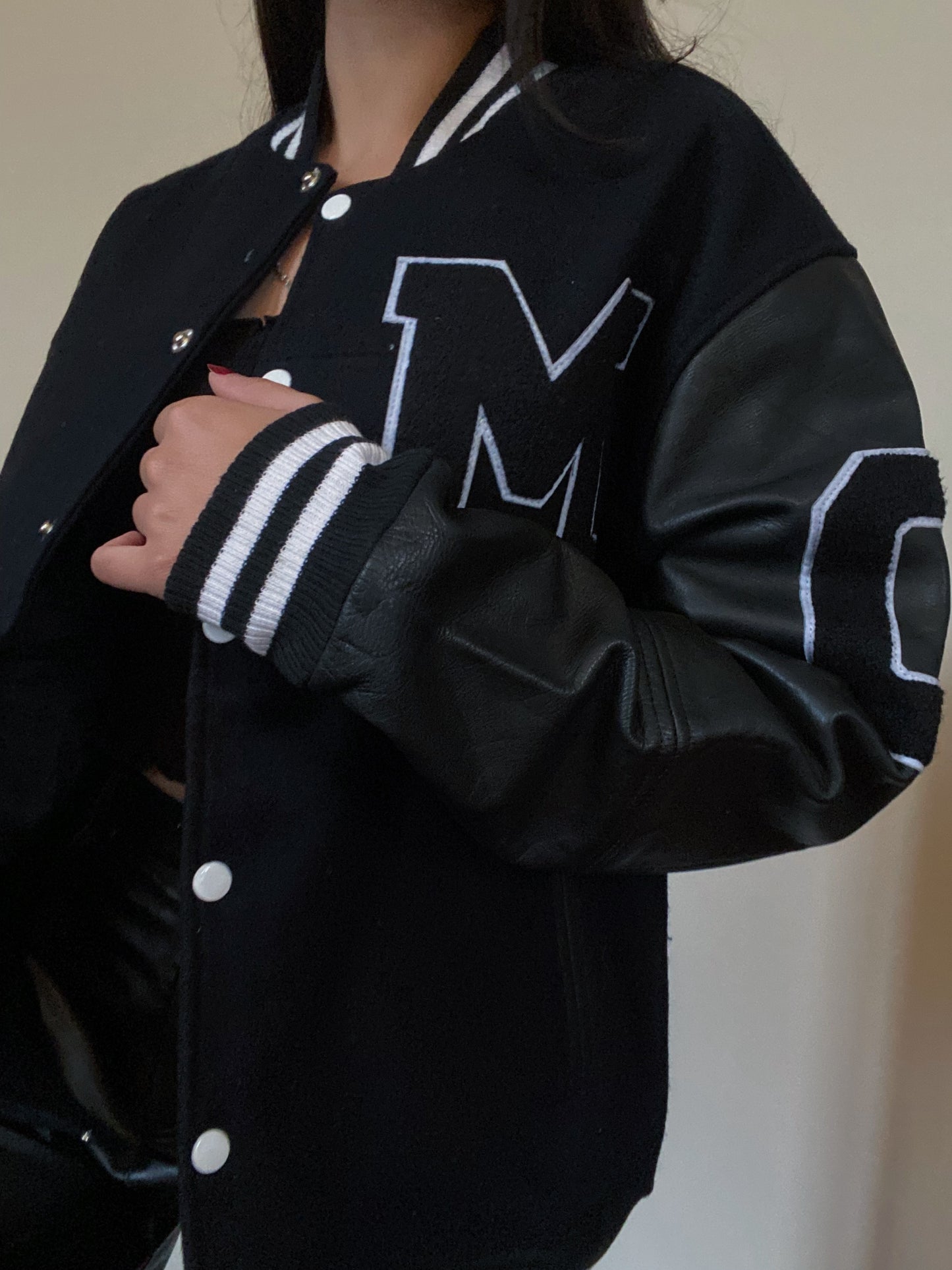 Wool & Leather Letterman Jacket (All Black)