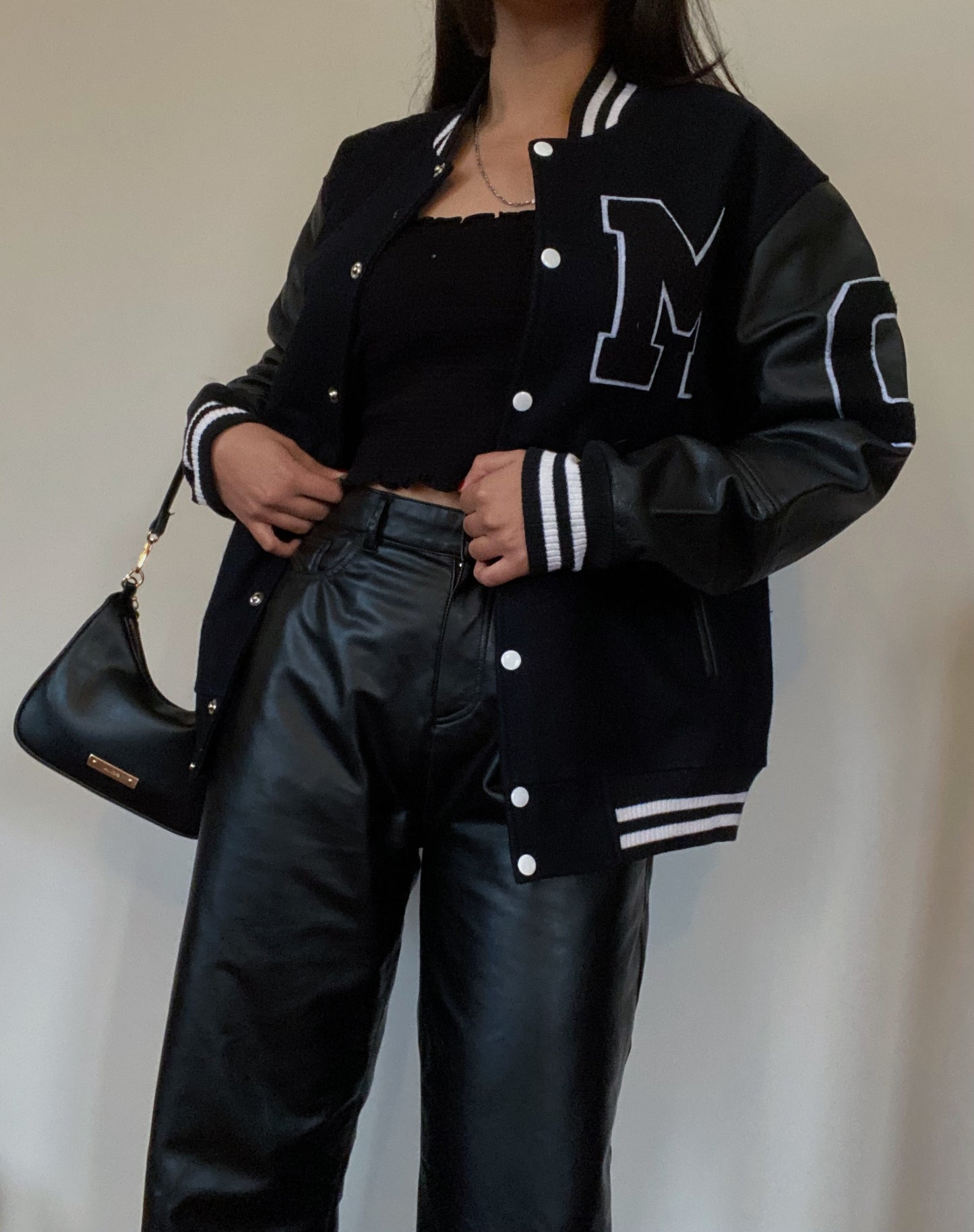 Wool & Leather Letterman Jacket (All Black)