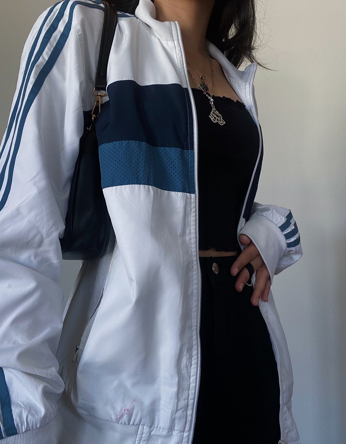 Adidas White and Blue Windbreaker