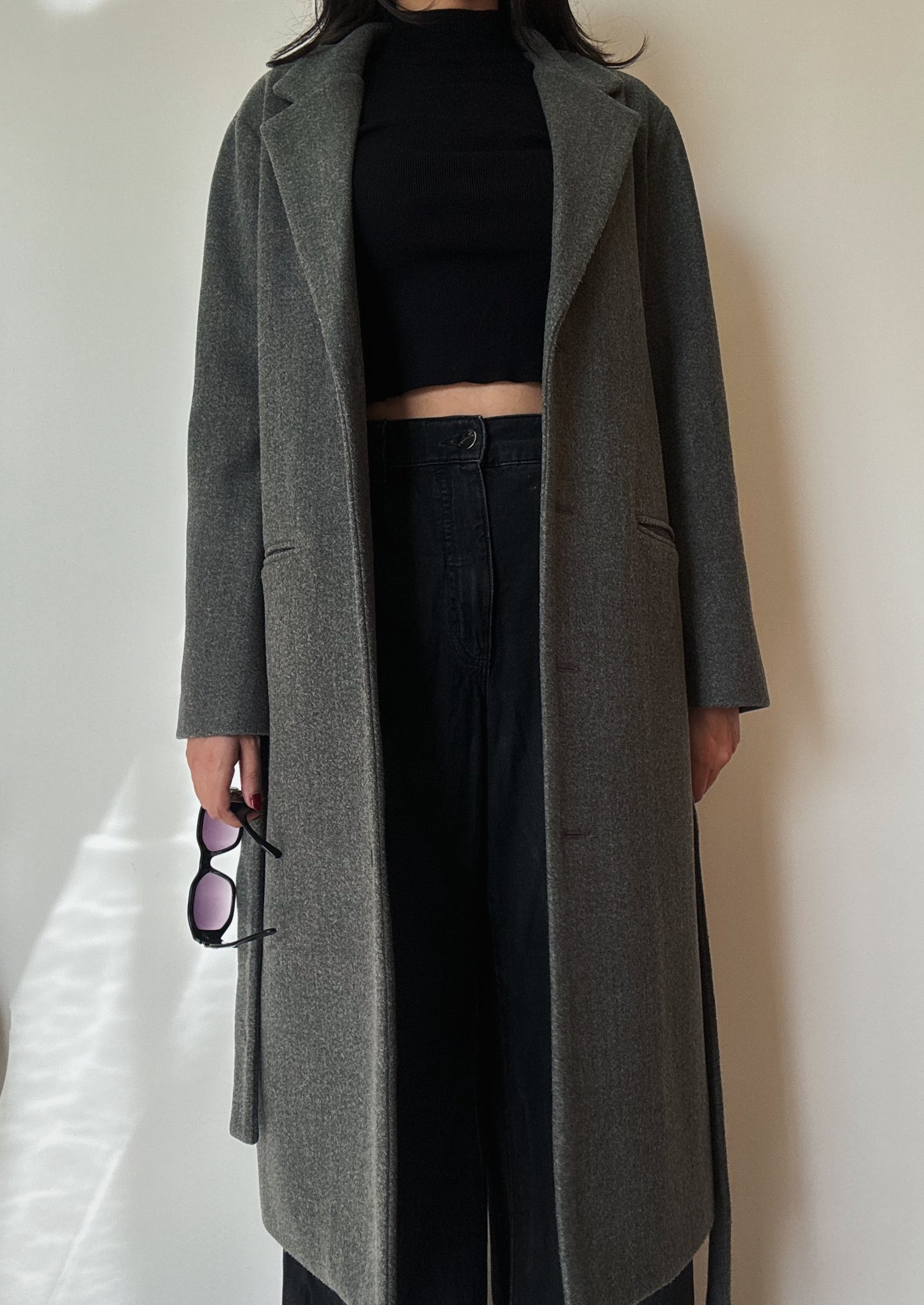 Long Grey Belted Coat (wool-blend)