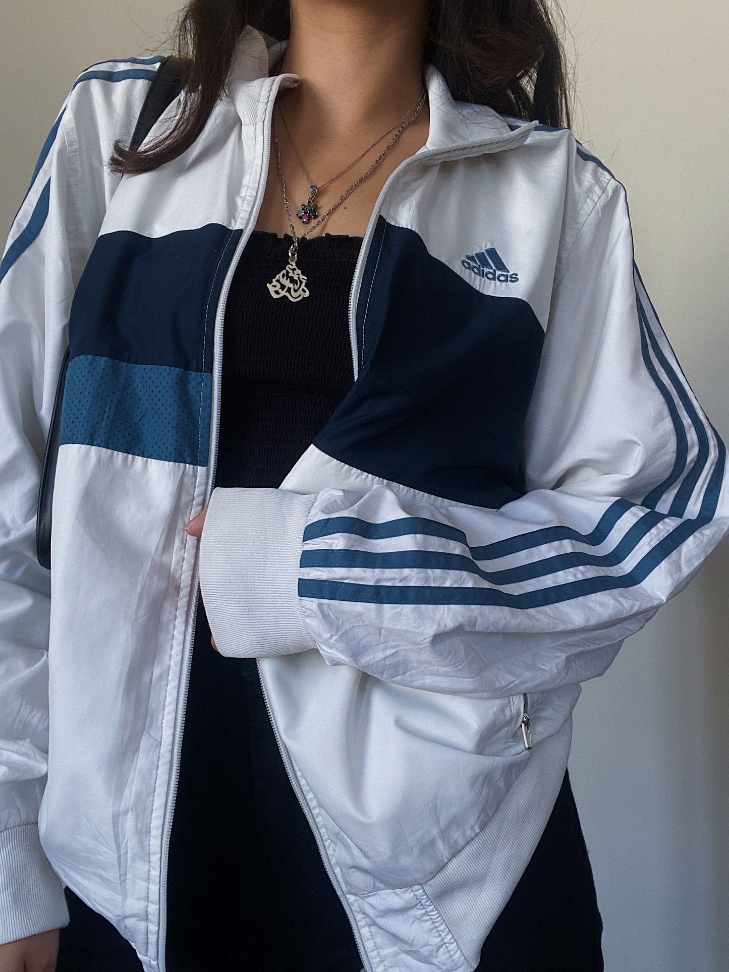 Adidas White and Blue Windbreaker