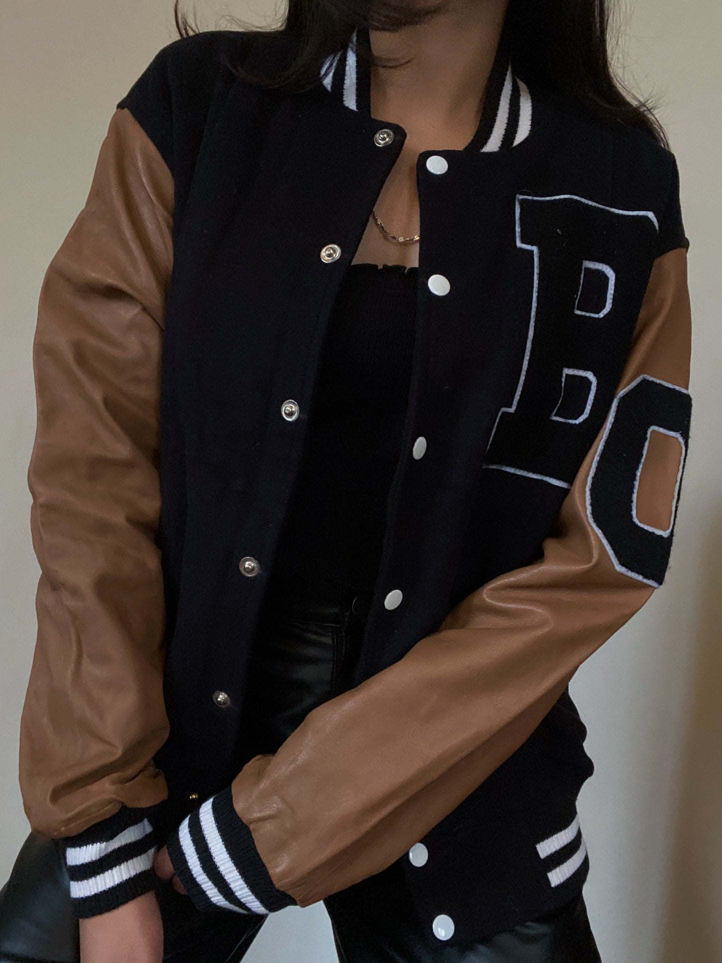 Wool & Leather Letterman Jacket (Black & Camel)