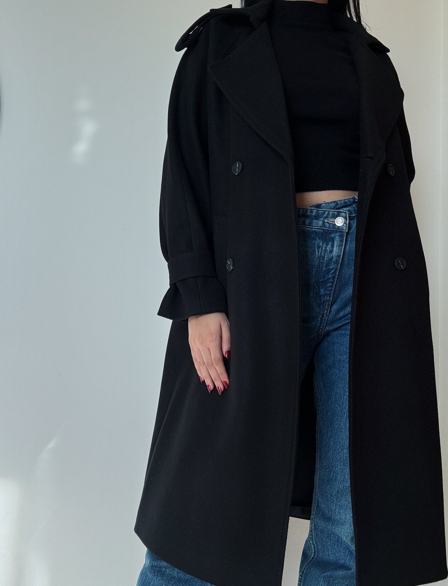 Black Double Breasted Long Coat (Wool-Blend)